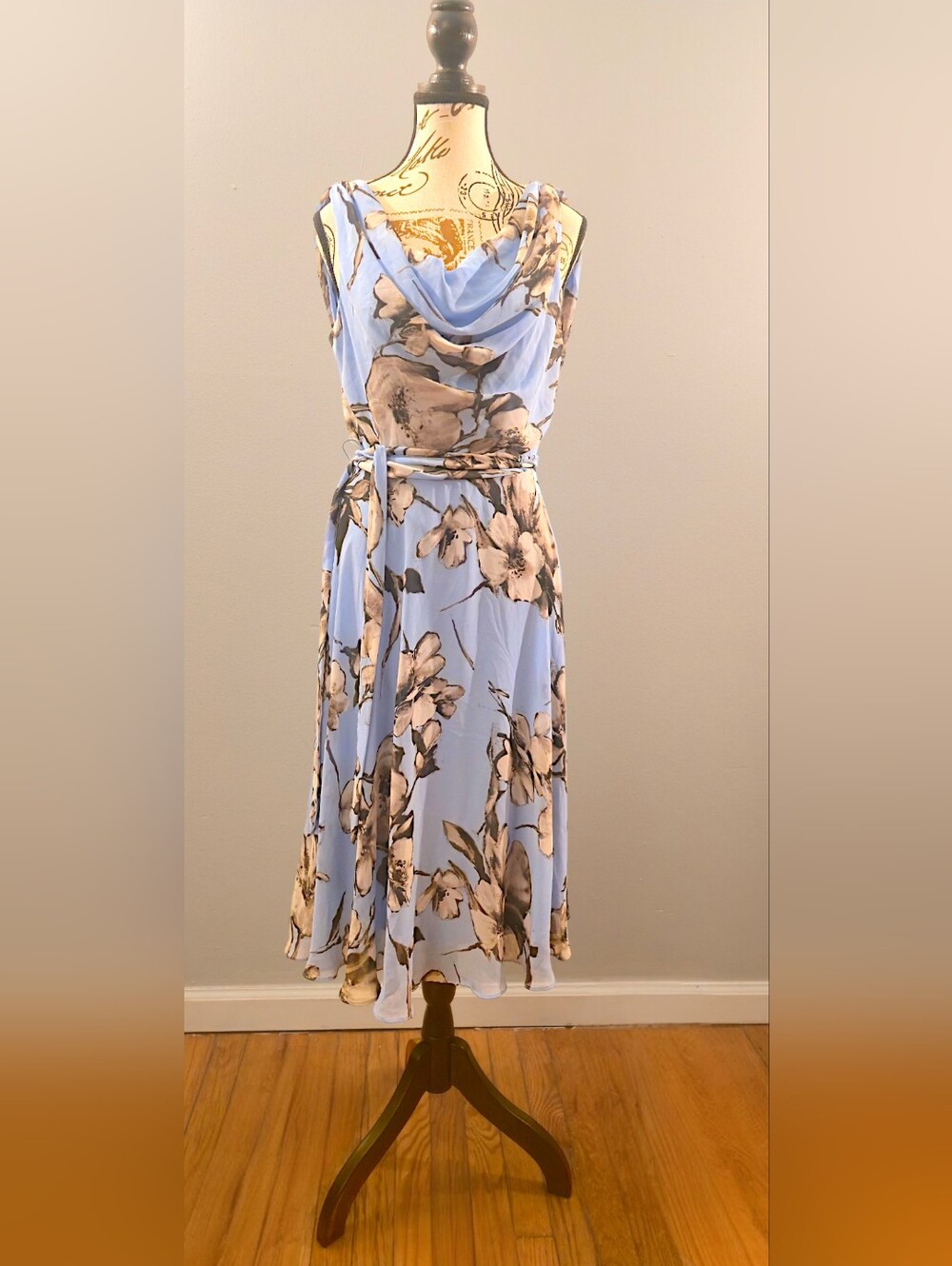 MSK Pale Blue Floral Cowl-Neck Midi Dress